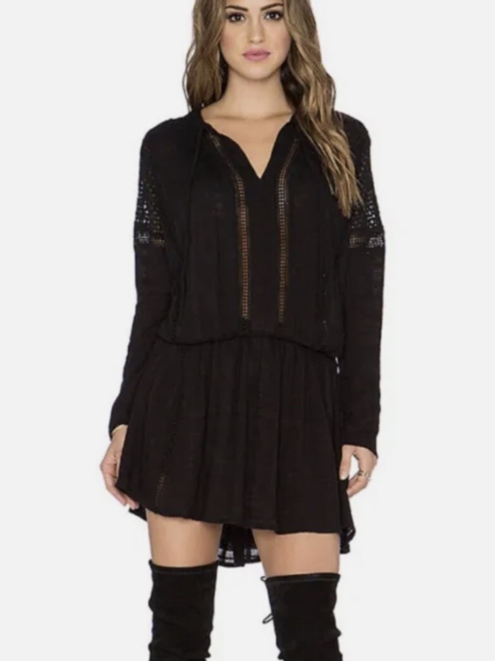 Black Long-Sleeve V-Neck Mini Dress
